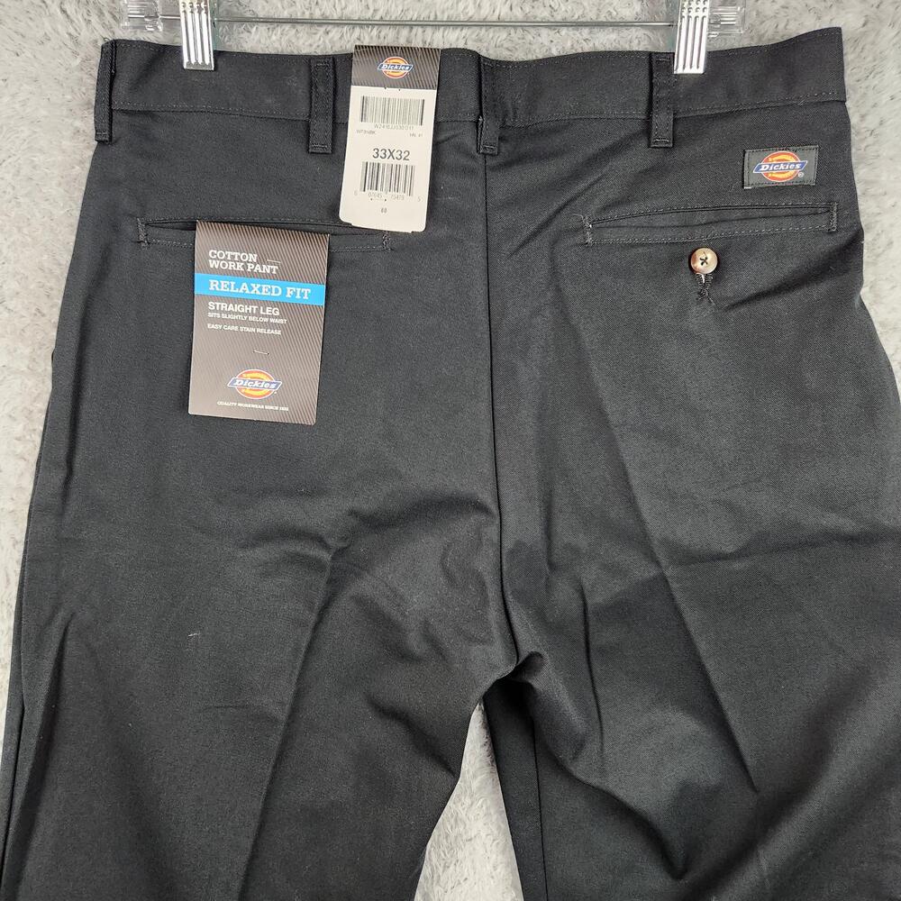 Dickies Cotton Work Pants Mens 33x32 Black Relaxed Chino Straight Leg Pleated